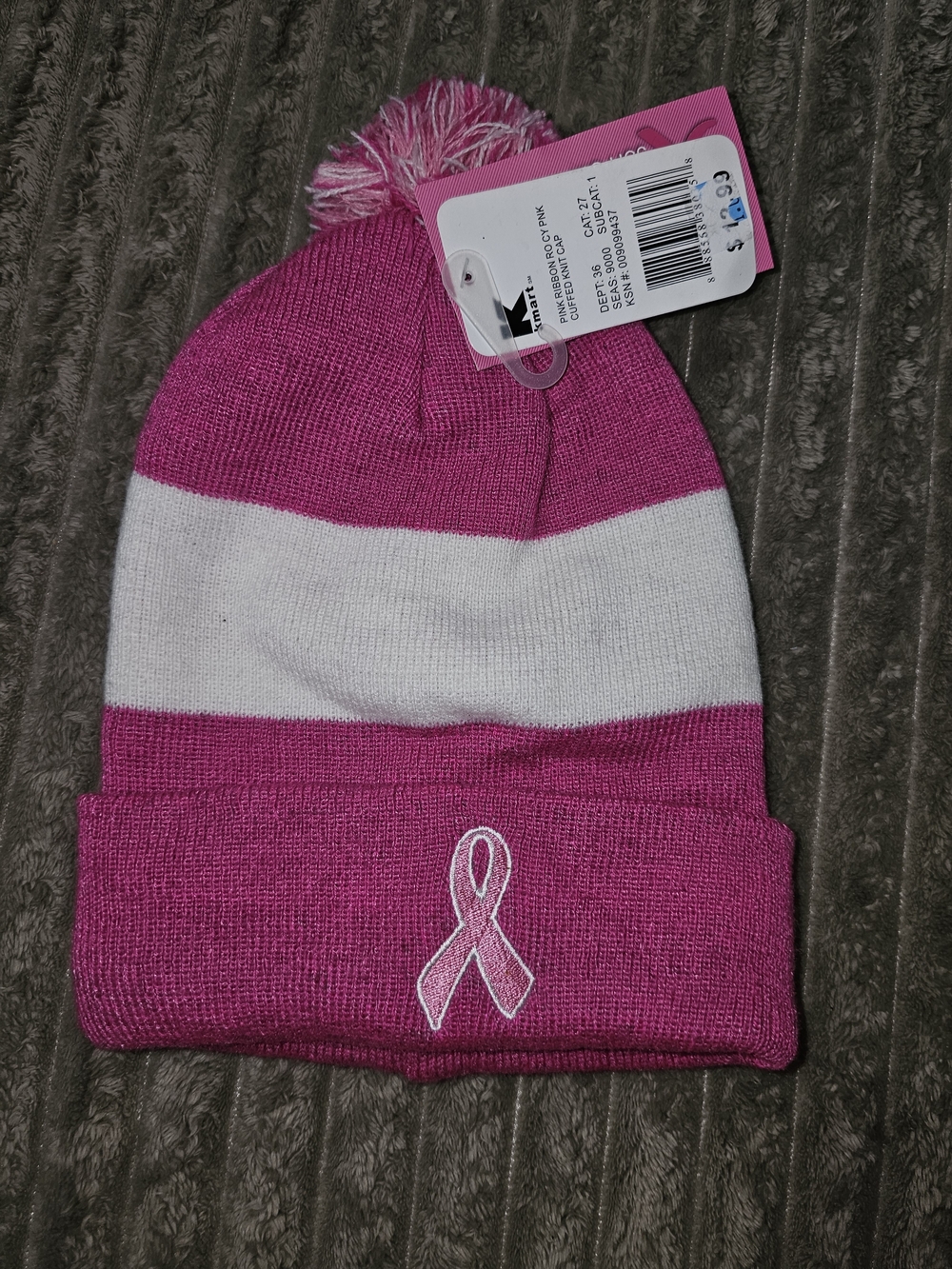 Pink & White Knit Pom Beanie with Ribbon Accent